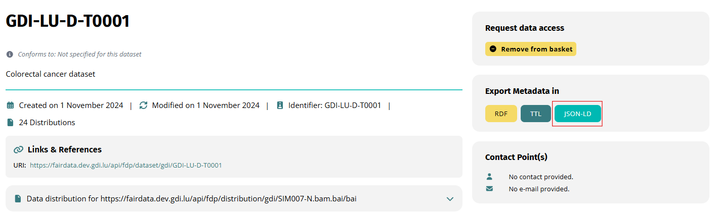 Screenshot of Export Metadata In section with JSON-LD selected