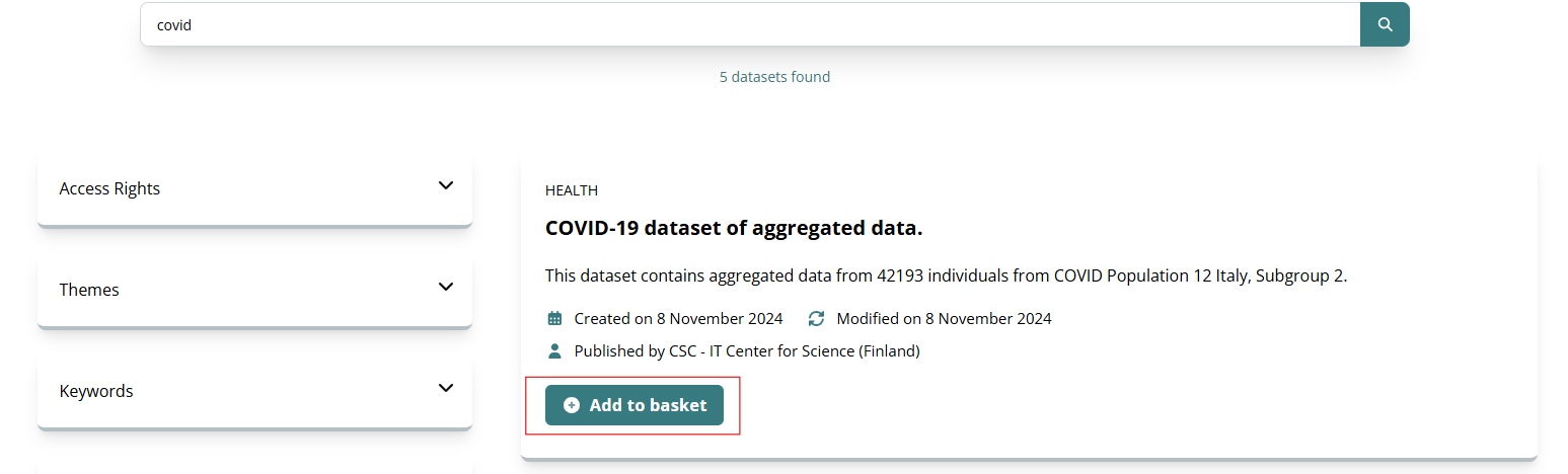 Screenshot of Add to basket button on search results