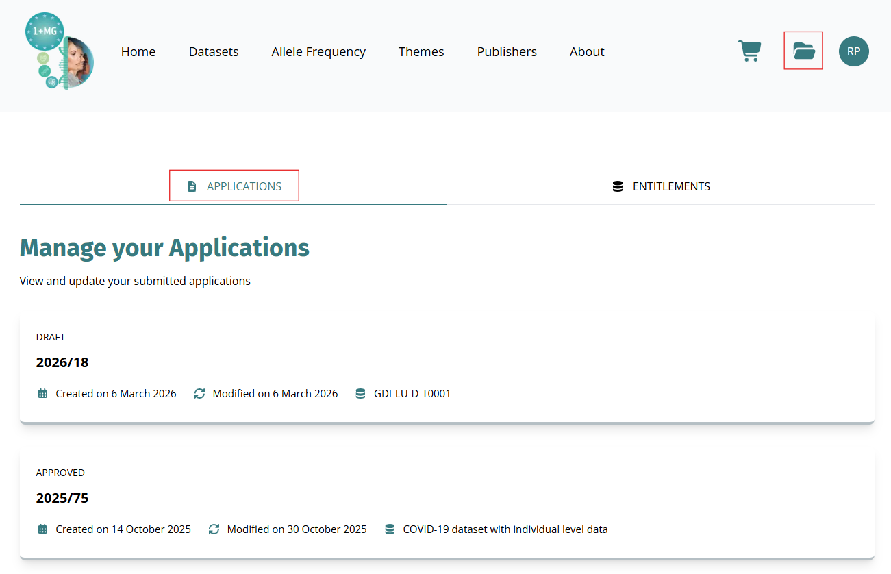 Screenshot of the application list showing different statuses