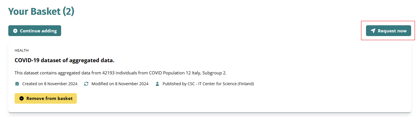 Screenshot of the Request now button on the Basket page