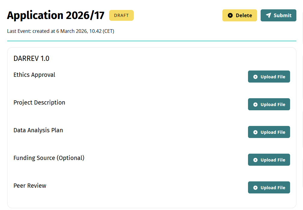 Screenshot of application requirements