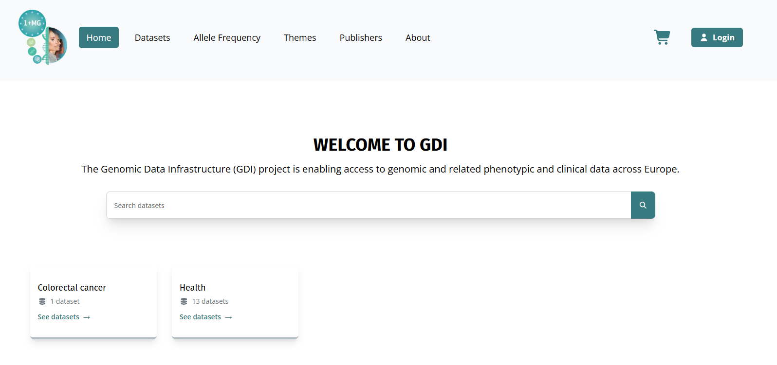Home page after signing in, showing a search bar and dataset cards